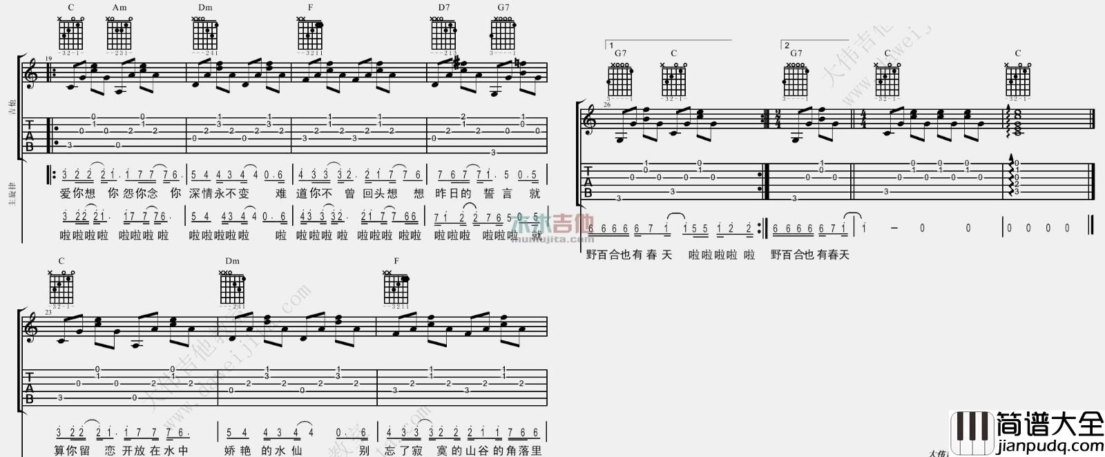 野百合也有春天吉他谱_罗大佑_C调原版_吉他弹唱演示/教学 野百合也有春天吉他谱_罗大佑_C调原版_吉他弹唱演示/教学