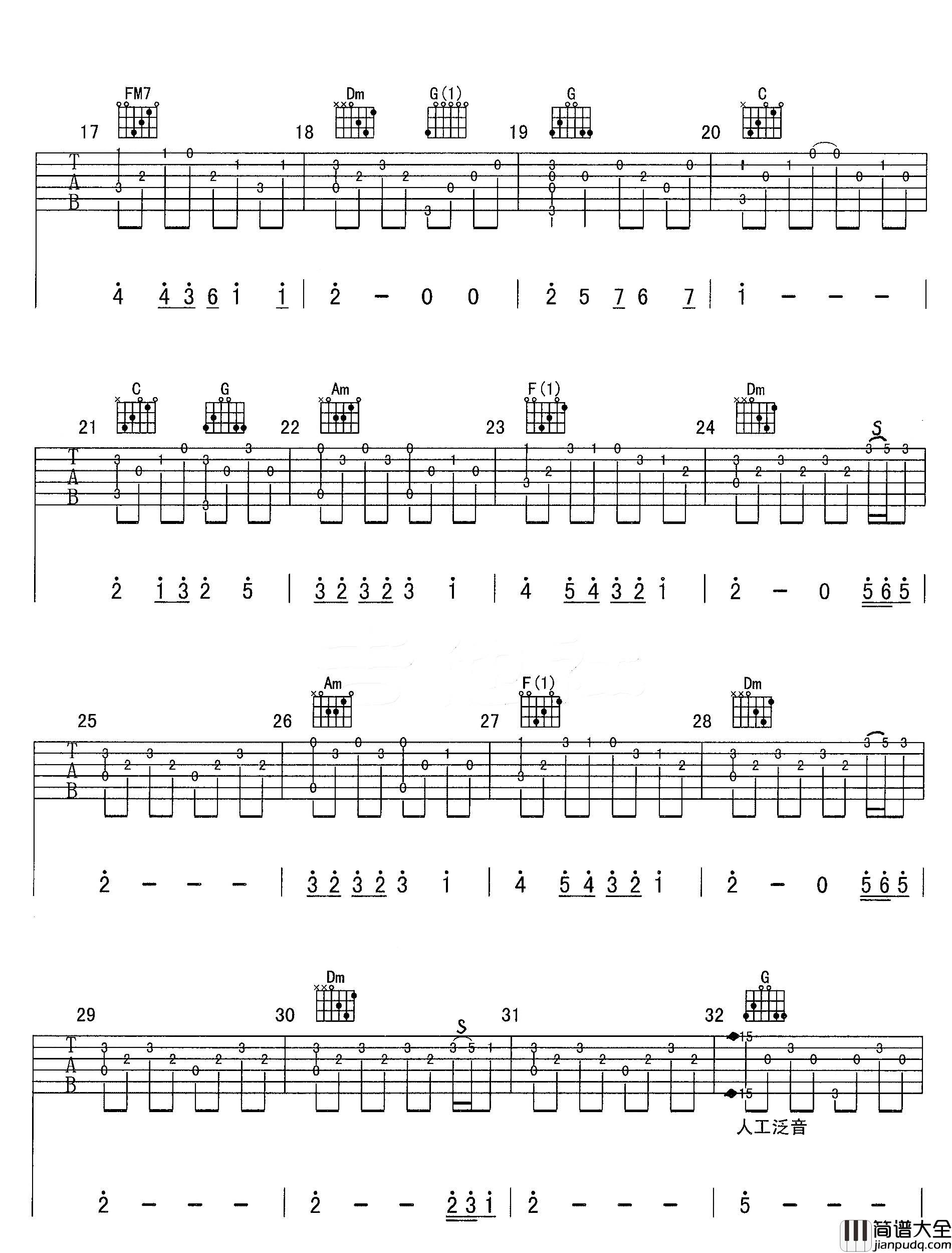 但愿人长久(吉他谱)_王菲_C调原版六线谱_经典歌曲吉他弹唱