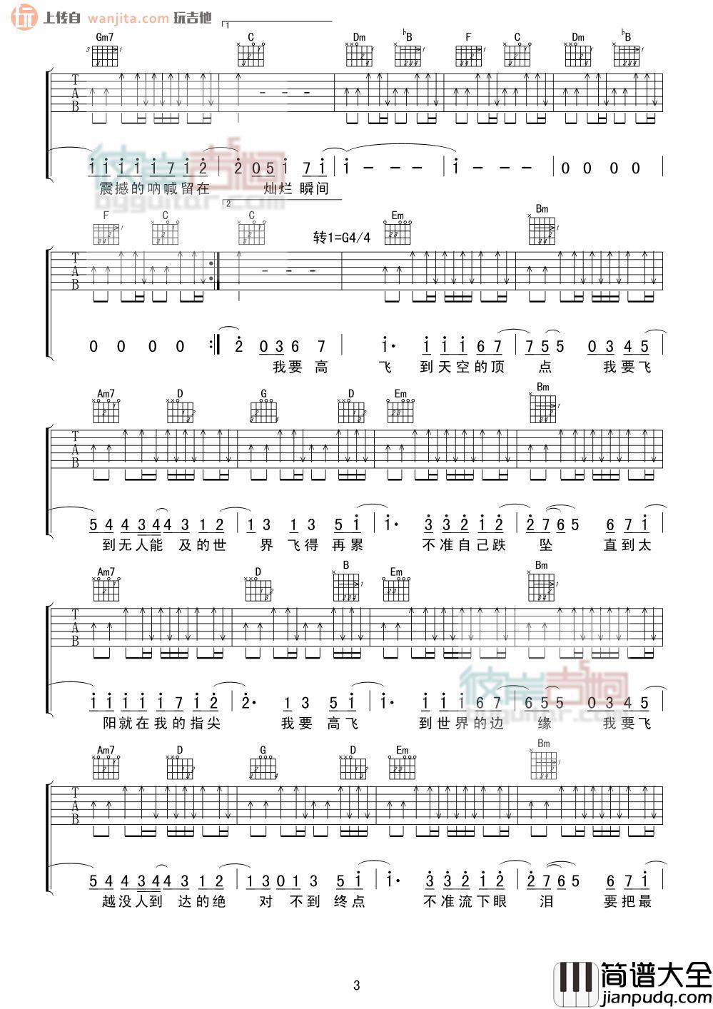高飞(吉他谱)_张杰_F调原版扫弦六线谱__高飞_高清图片谱