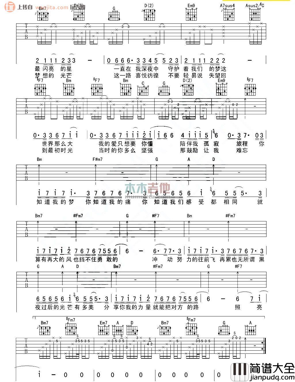 我们都一样(吉他谱)_张杰_D调原版高清六线谱