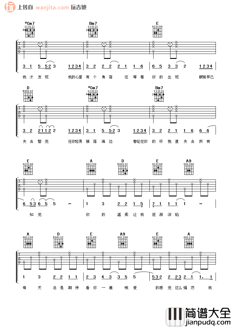 在你身边吉他谱_张学友_A调弹唱六线谱_高清图片谱