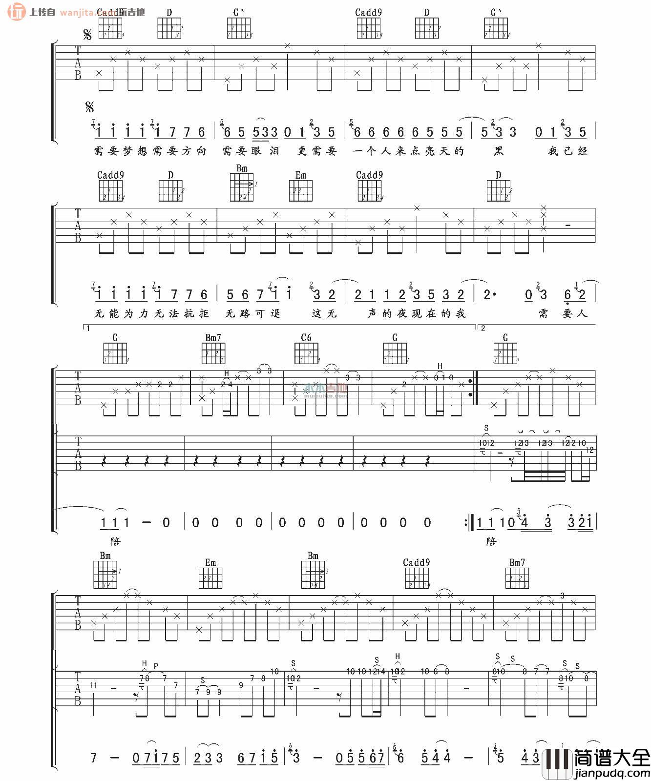 需要人陪(吉他谱)_王力宏_G调完整原版六线谱_高清图片谱