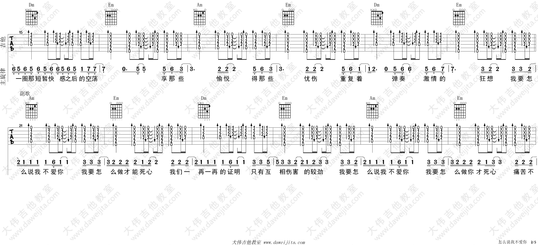 怎么说我不爱你吉他谱_萧敬腾_C调原版六线谱_大伟吉他版