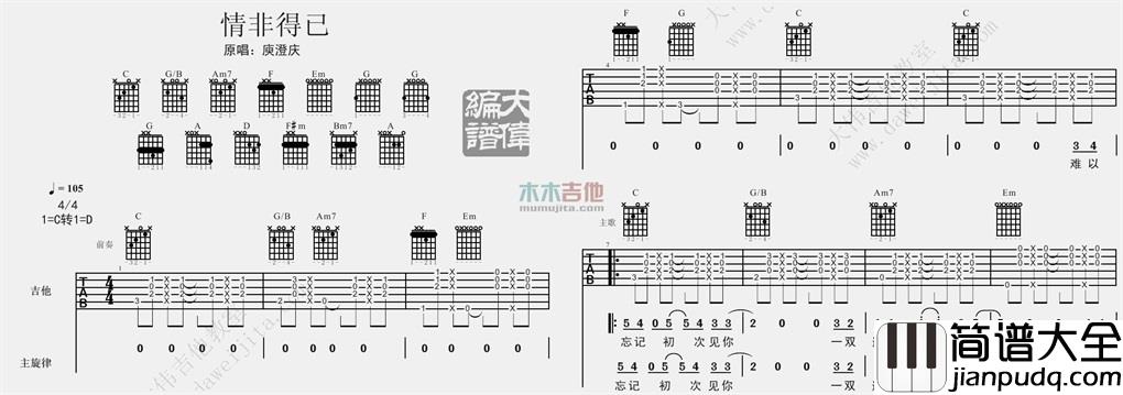 情非得已吉他谱_庾澄庆_C调指法六线谱_大伟吉他版
