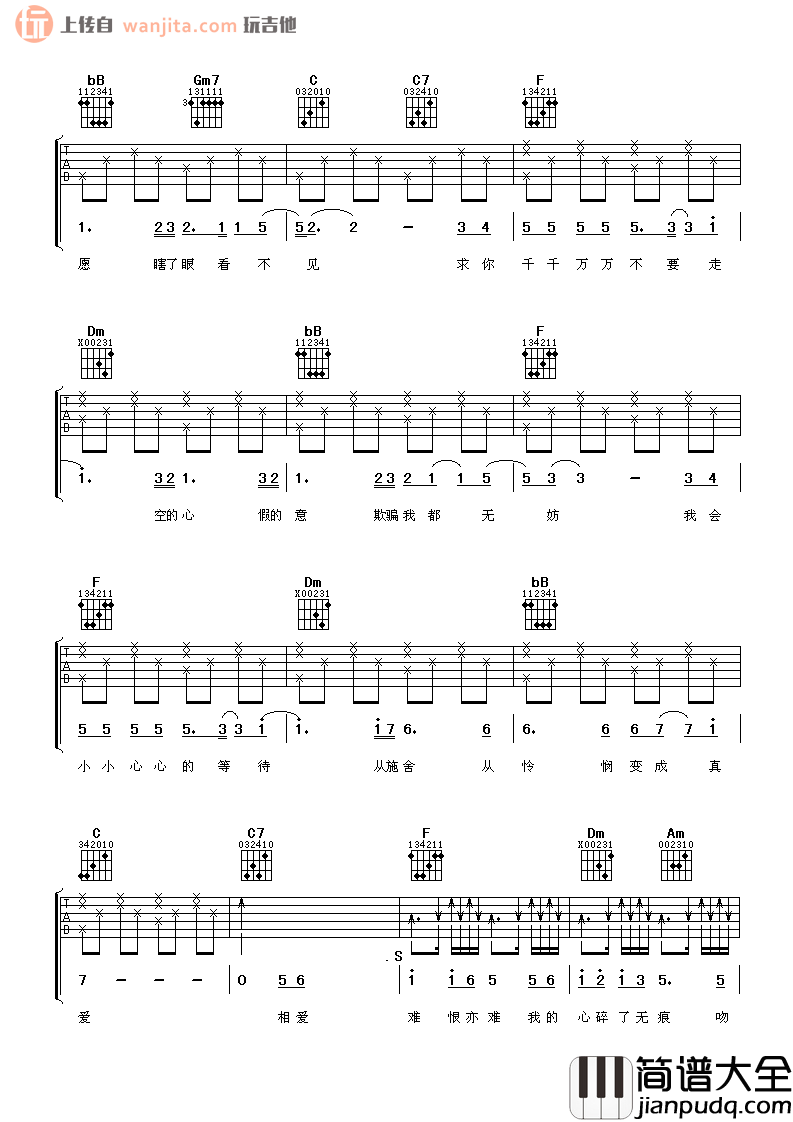 心碎了无痕吉他谱_张学友_F调弹唱六线谱_高清图片谱