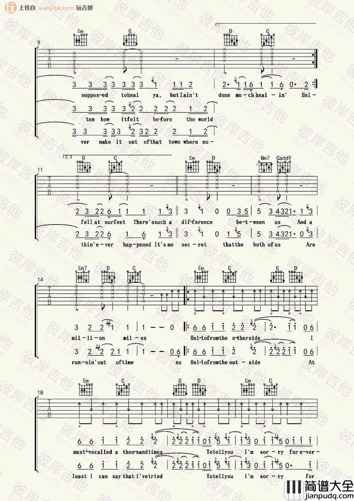 Hello(吉他谱)_Adele_G调弹唱六线谱__Hello_吉他教学视频