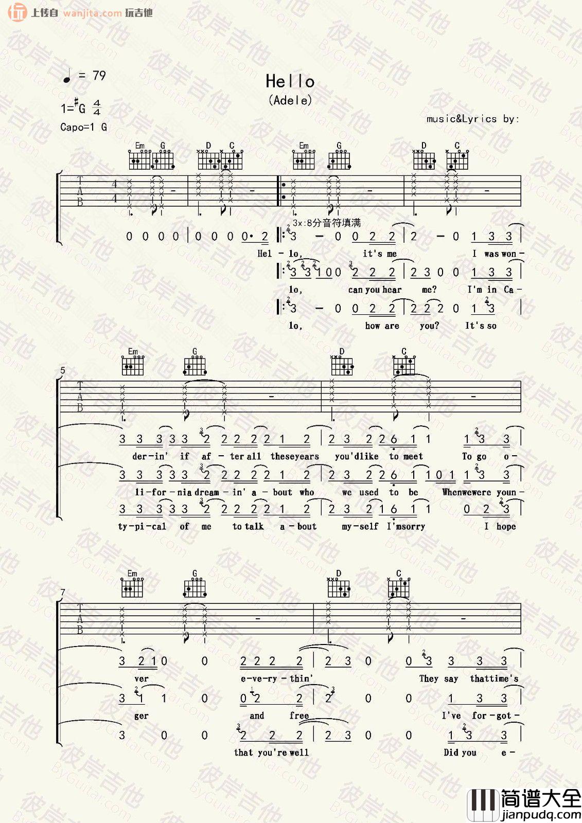 Hello(吉他谱)_Adele_G调弹唱六线谱__Hello_吉他教学视频