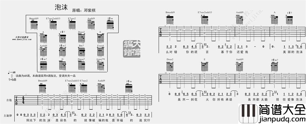 泡沫(吉他谱)_邓紫棋_A调原版六线谱__泡沫_吉他弹唱谱