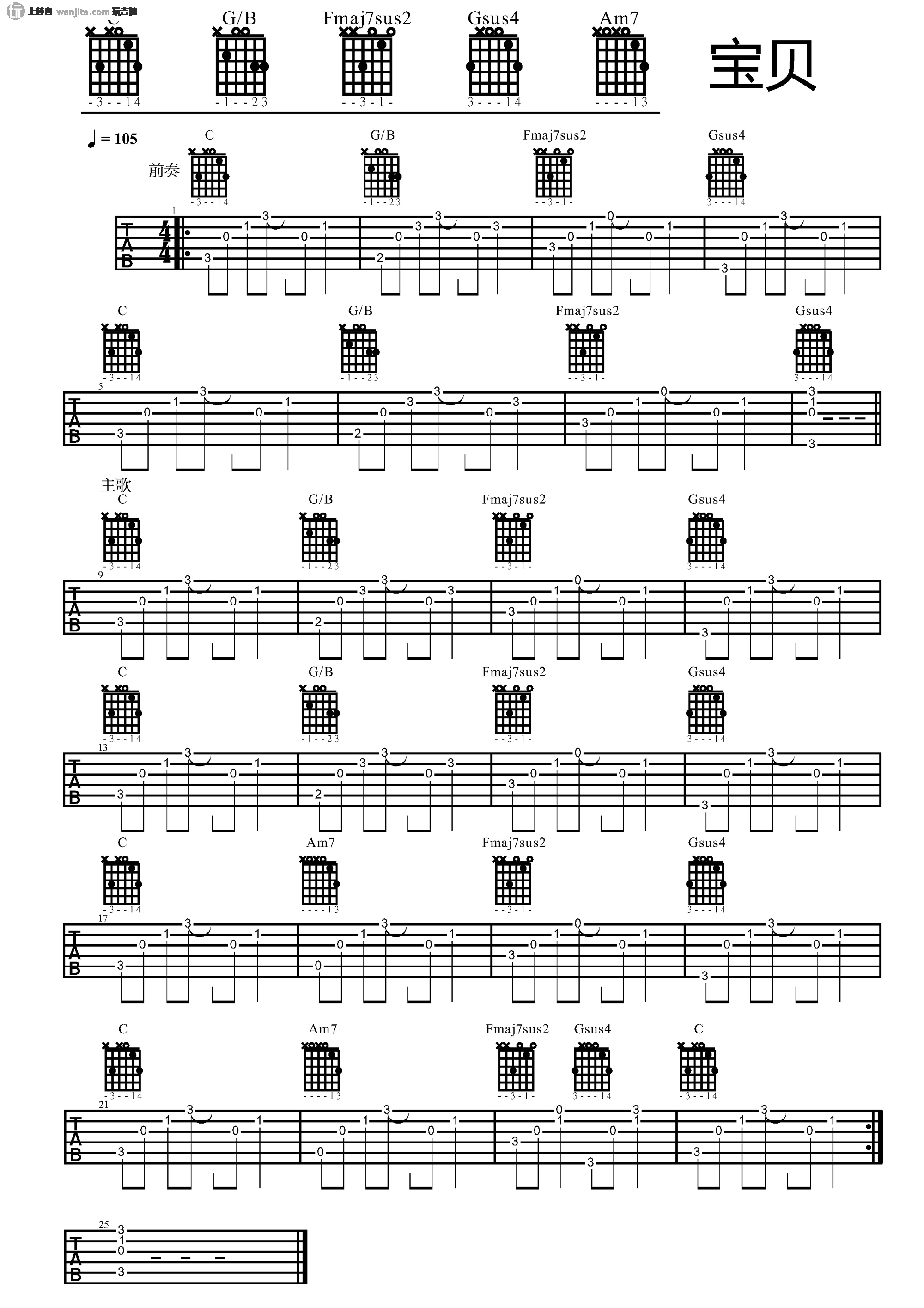 宝贝(吉他谱)_张悬_C调原版六线谱_《宝贝》吉他弹唱教学 宝贝(吉他谱)_张悬_C调原版六线谱__宝贝_吉他弹唱教学