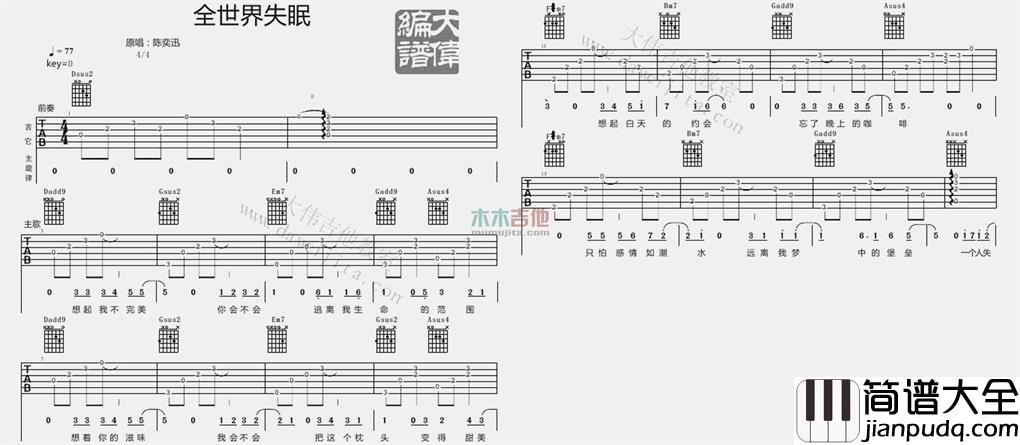 全世界失眠(吉他谱)_陈奕迅_D调弹唱六线谱_高清图片谱