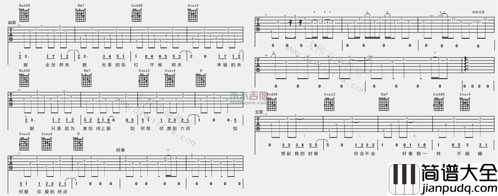全世界失眠(吉他谱)_陈奕迅_D调弹唱六线谱_高清图片谱