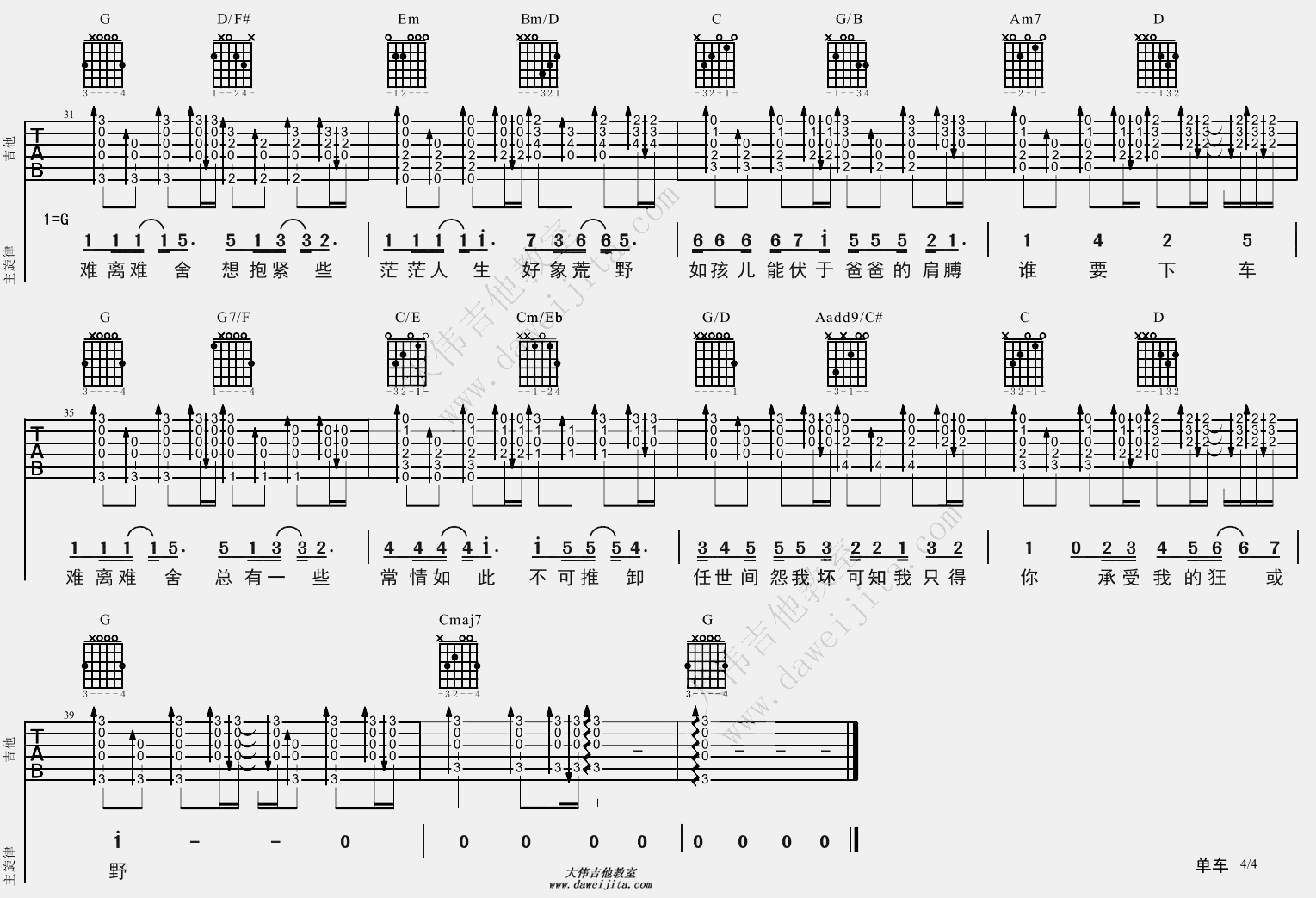 单车(吉他谱)_大伟吉他G调B调原版_陈奕迅 单车(吉他谱)_大伟吉他G调B调原版_陈奕迅