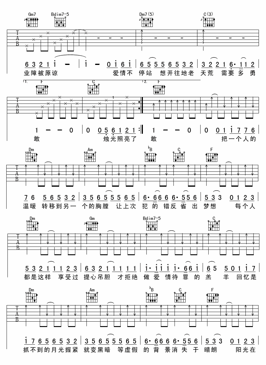 爱情转移(吉他谱)_陈奕迅_F调原版六线谱_高清图片谱