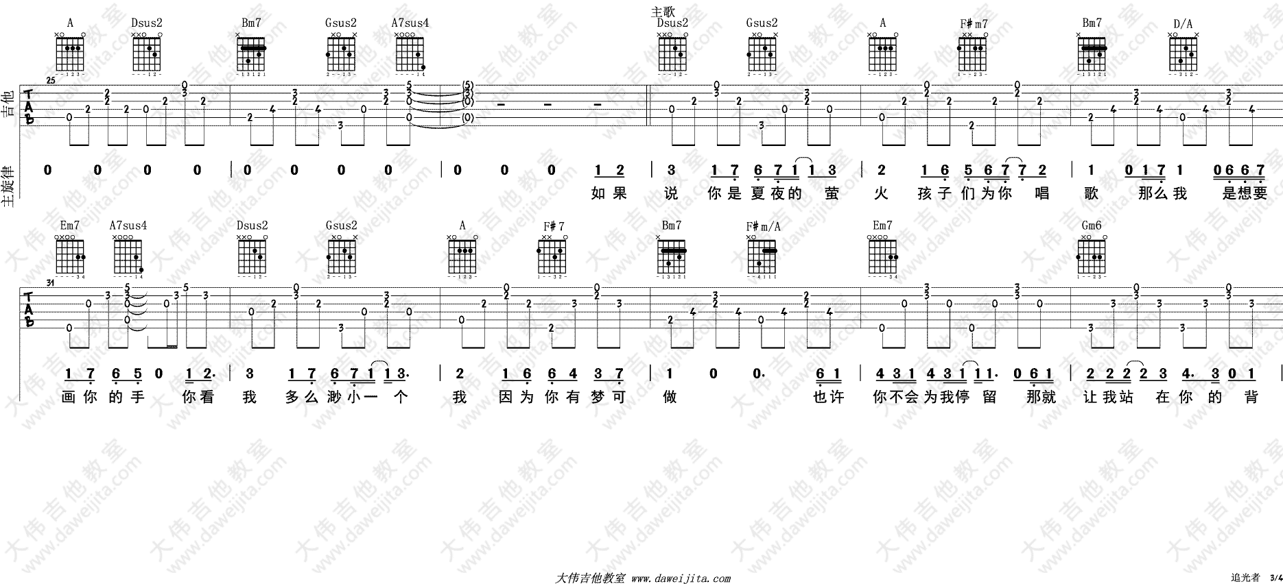 岑宁儿《追光者》吉他谱_D调六线谱【原版演示】 岑宁儿_追光者_吉他谱_D调六线谱【原版演示】