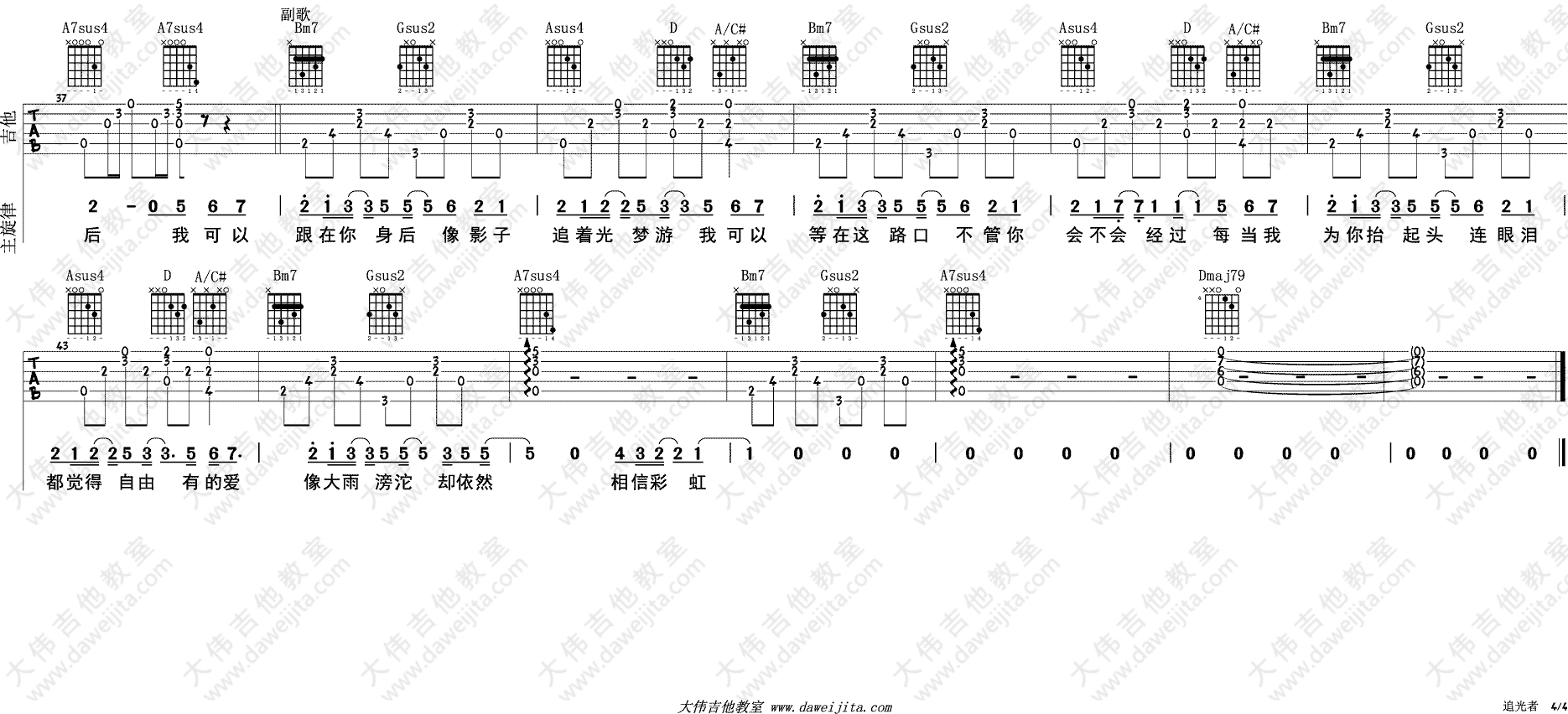 岑宁儿《追光者》吉他谱_D调六线谱【原版演示】 岑宁儿_追光者_吉他谱_D调六线谱【原版演示】