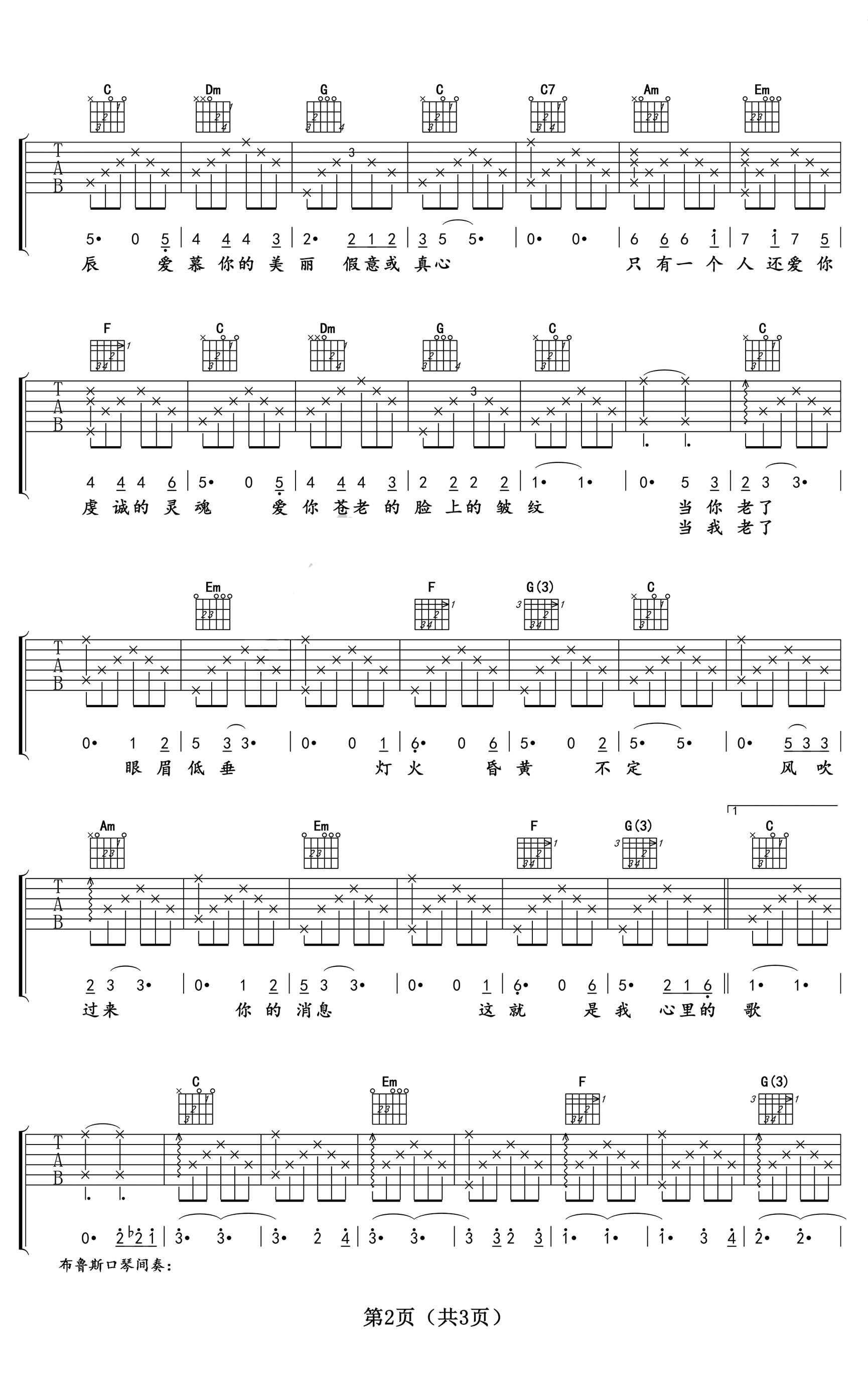 当你老了吉他谱_C调_赵照_民谣歌曲_弹唱六线谱