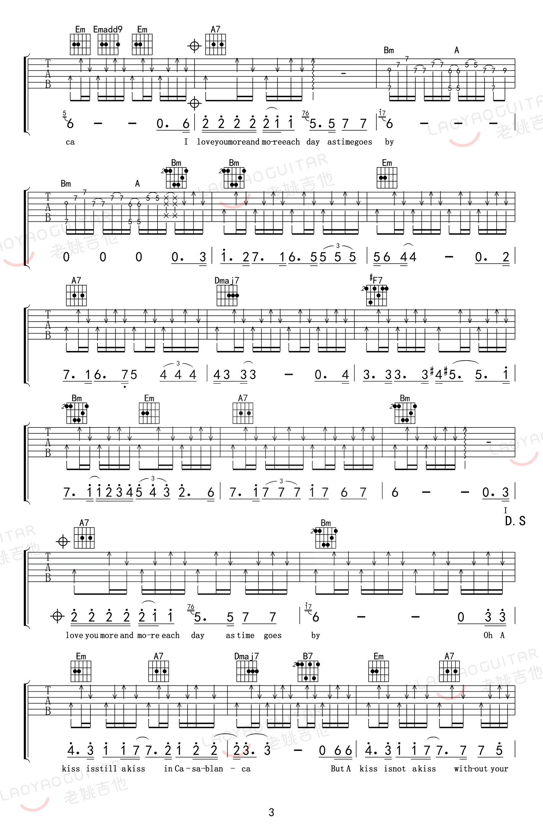 Casablanca吉他谱__卡萨布兰卡_吉他弹唱教学_D调六线谱