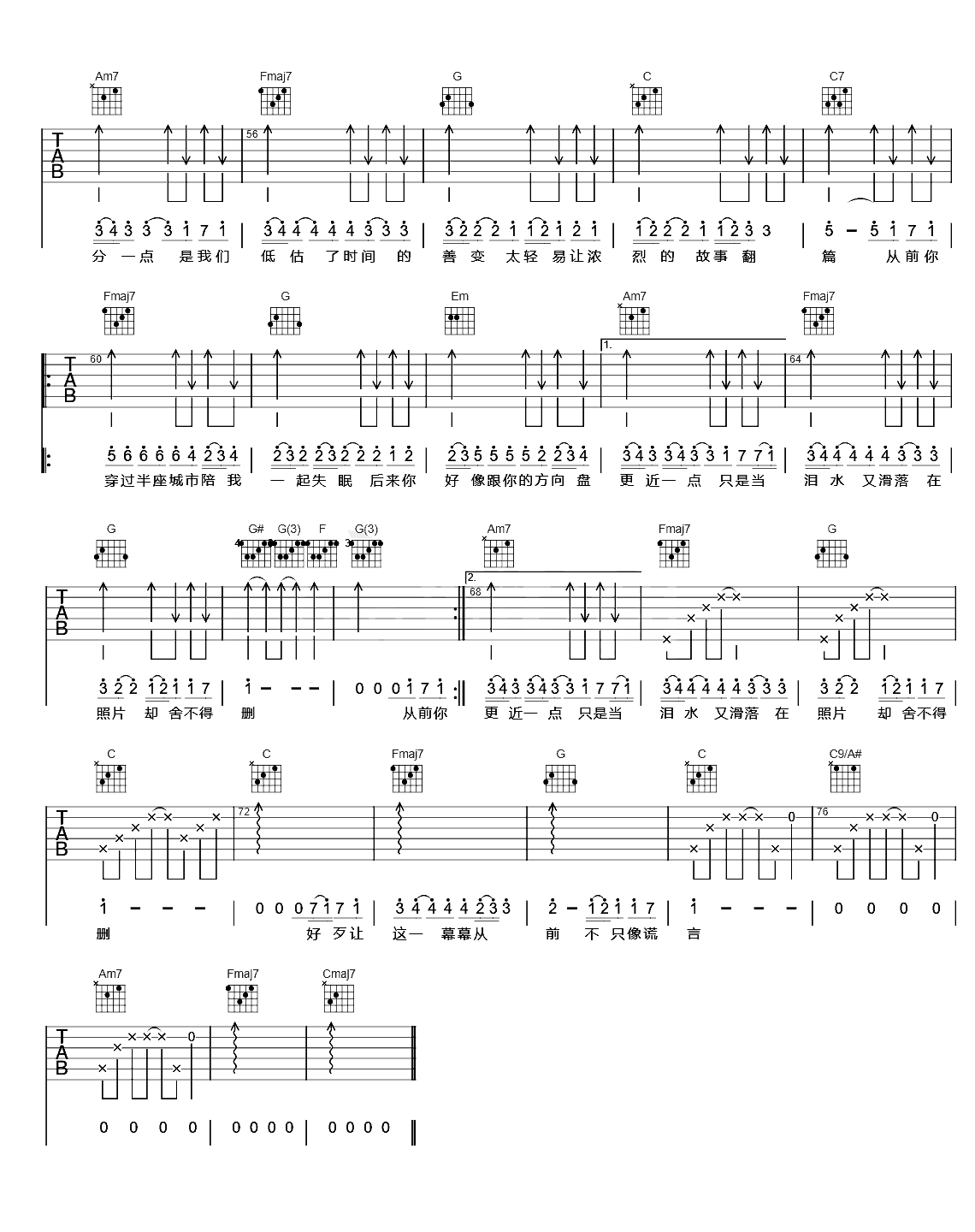 善变吉他谱C调_王靖雯不胖_吉他弹唱谱_原版六线谱