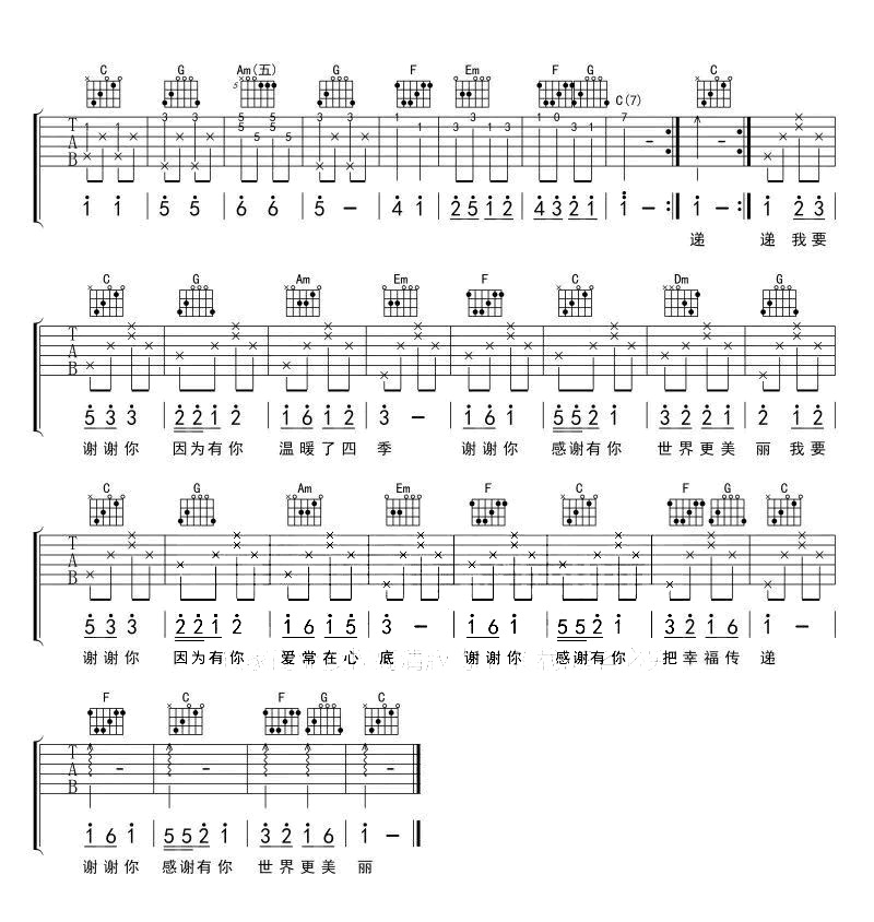 听我说谢谢你吉他谱_C调_李昕融_弹唱六线谱