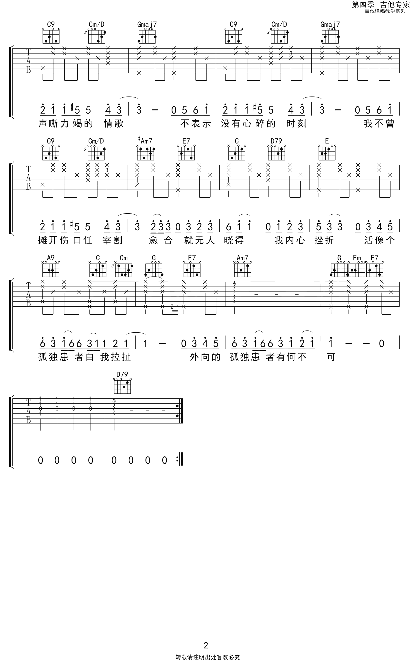 孤独患者吉他谱_G调_陈奕迅_原版弹唱谱_高清六线谱