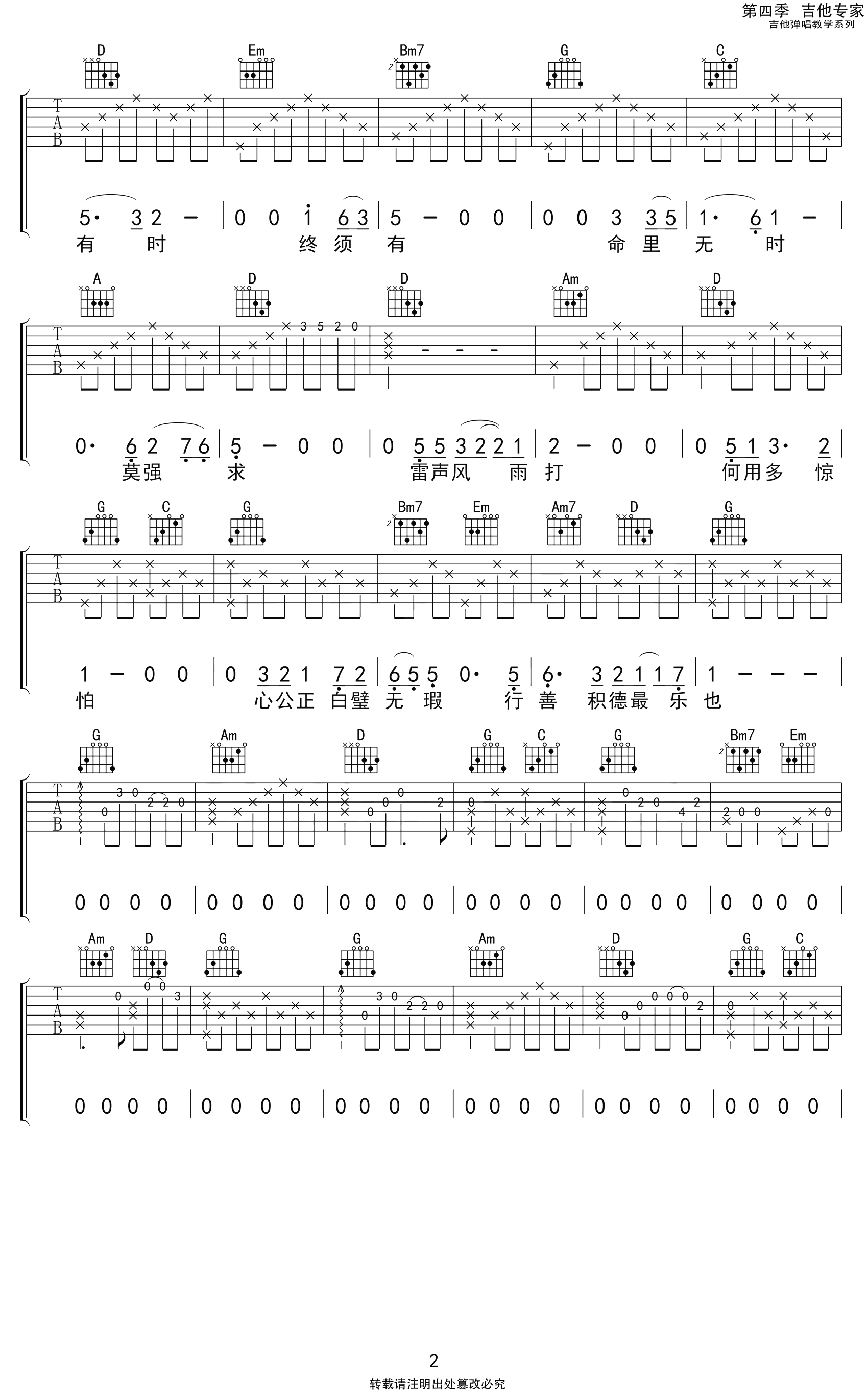 浪子心声吉他谱_G调弹唱谱_许冠杰_高清六线谱
