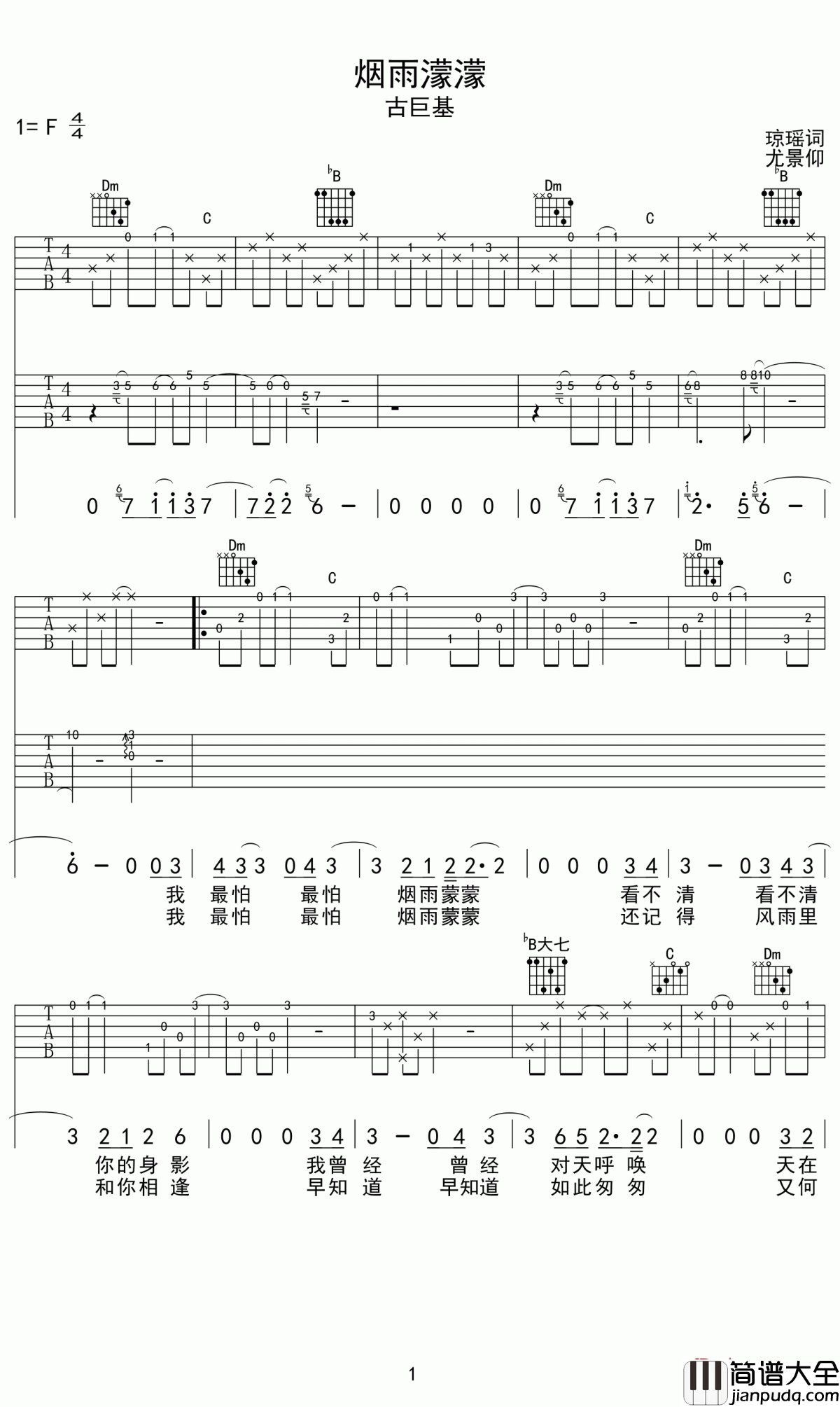 烟雨濛濛吉他谱_古巨基_往事一幕幕伤心一幕幕你的眼光你的笑伴我今日孤独