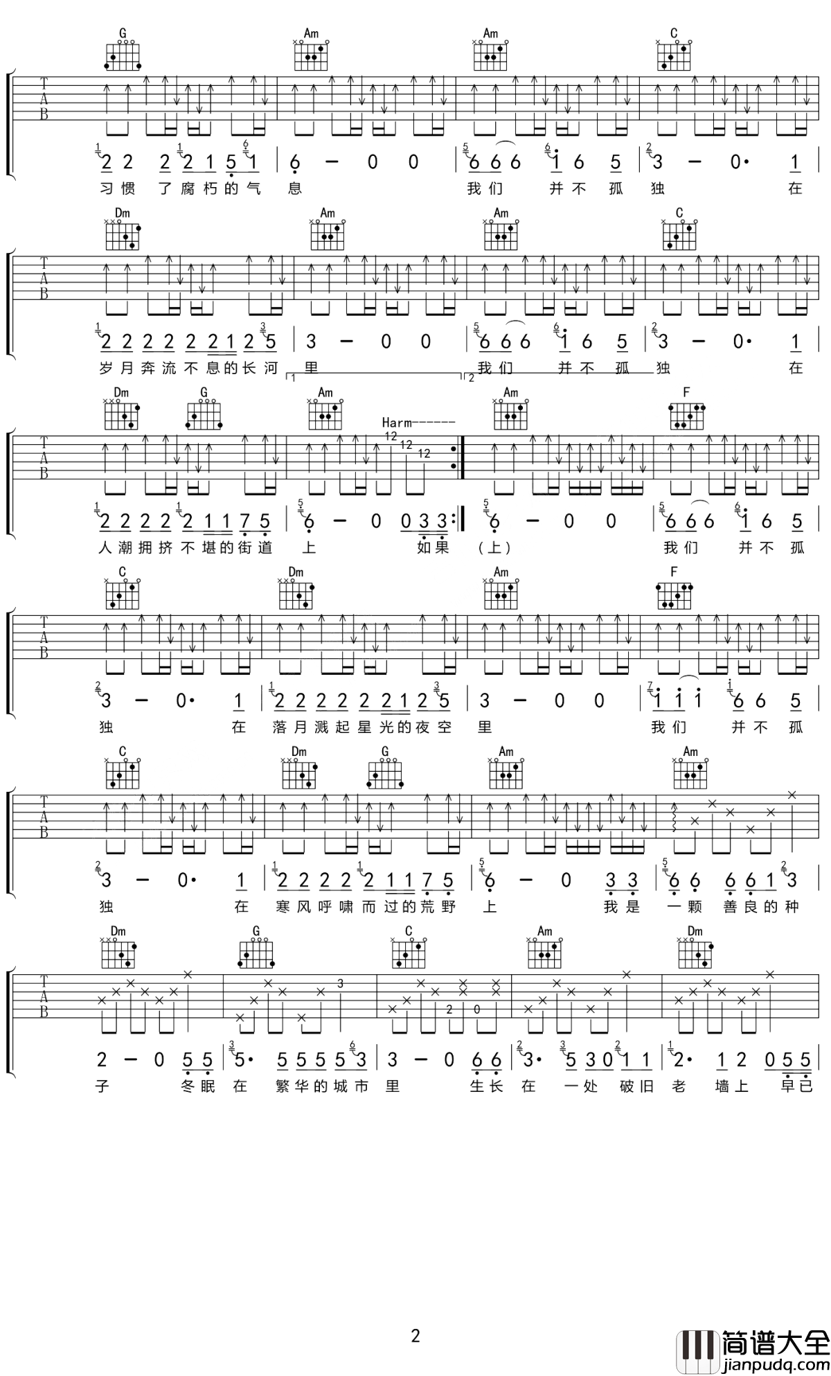 我们并不孤独只是格格不入吉他谱_葱头_当你习惯孤独时，你也就不会孤独