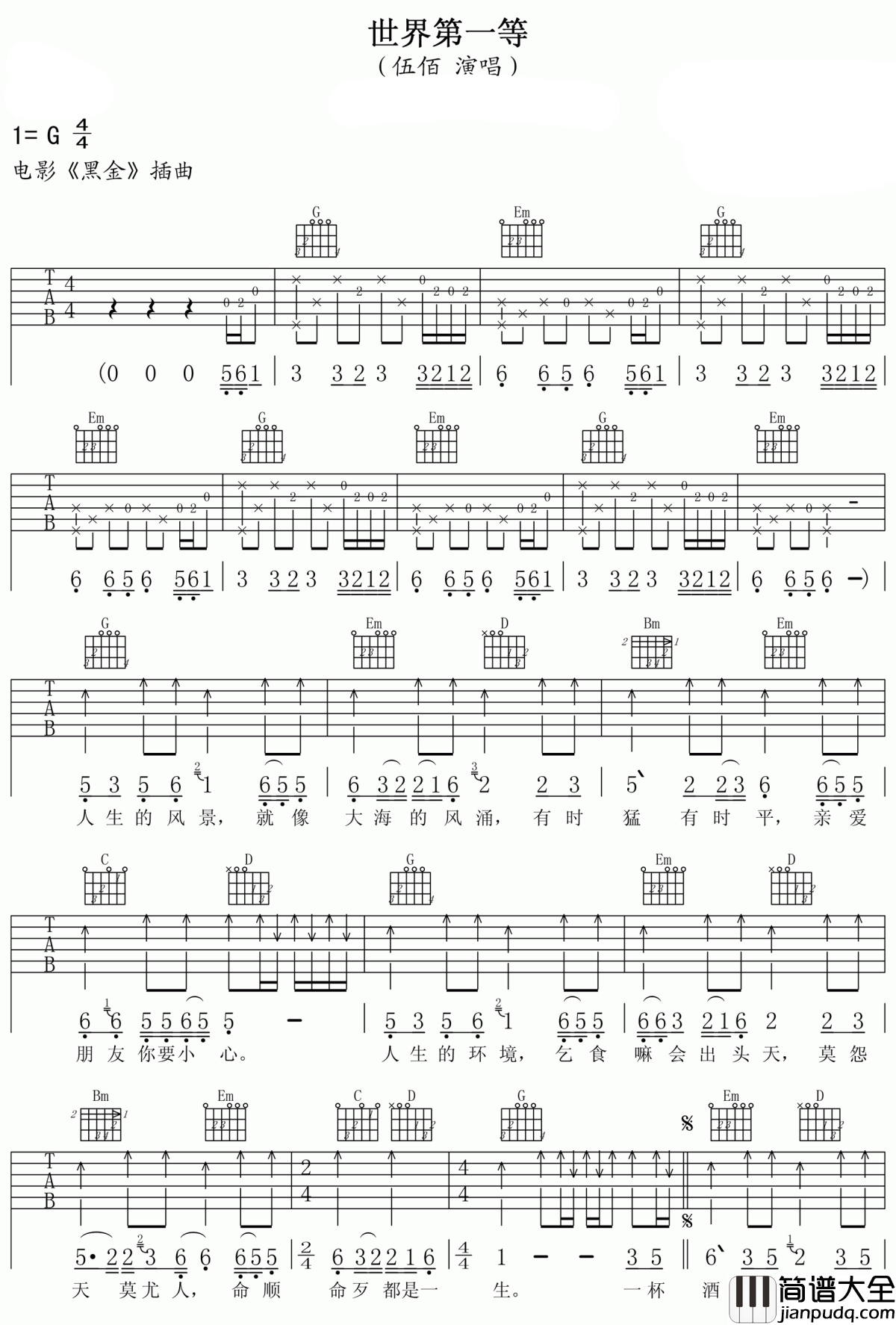 世界第一等吉他谱_伍佰_脚踏实地,仰望星空,邂逅永生