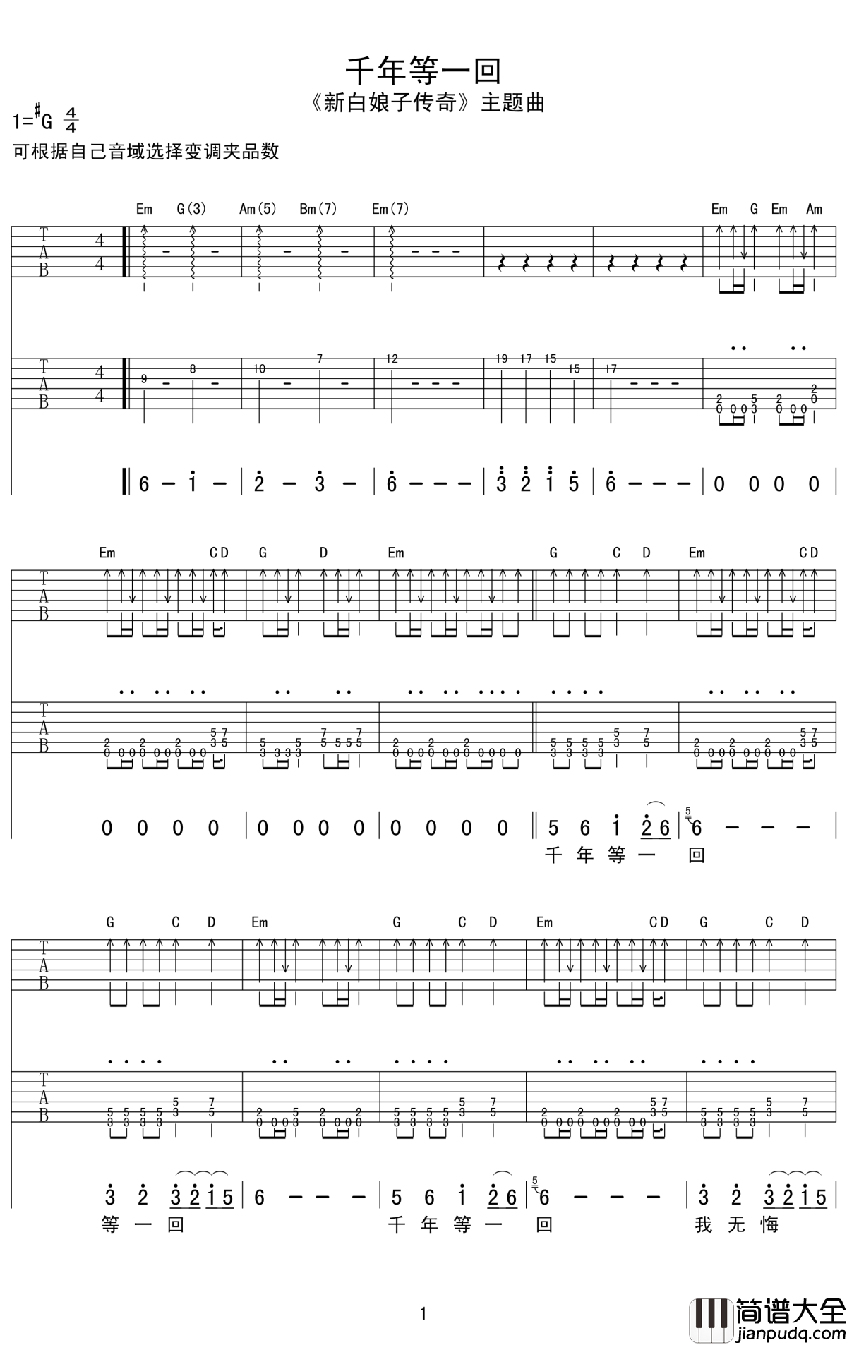 千年等一回吉他谱_高胜美_因为你，我相信了传说中的一眼千年