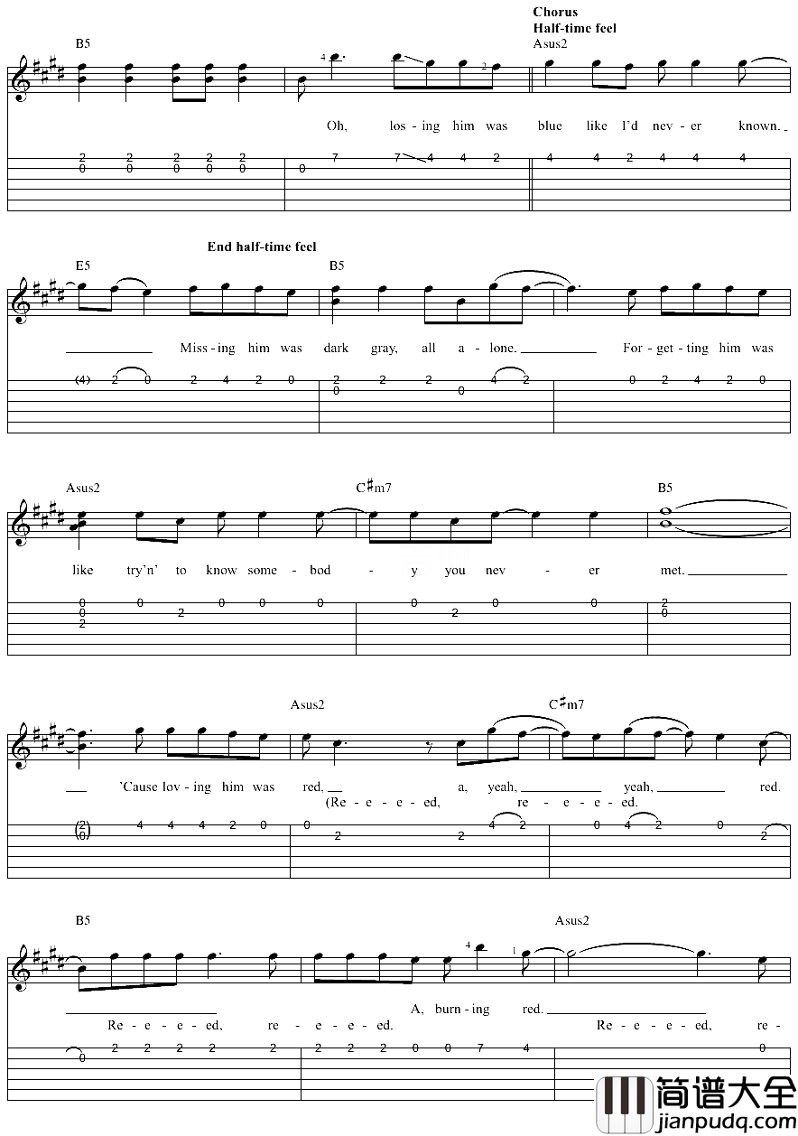 Red吉他谱_Taylor_Swift_就让我们开着那辆红色的玛莎拉蒂冲上绝路