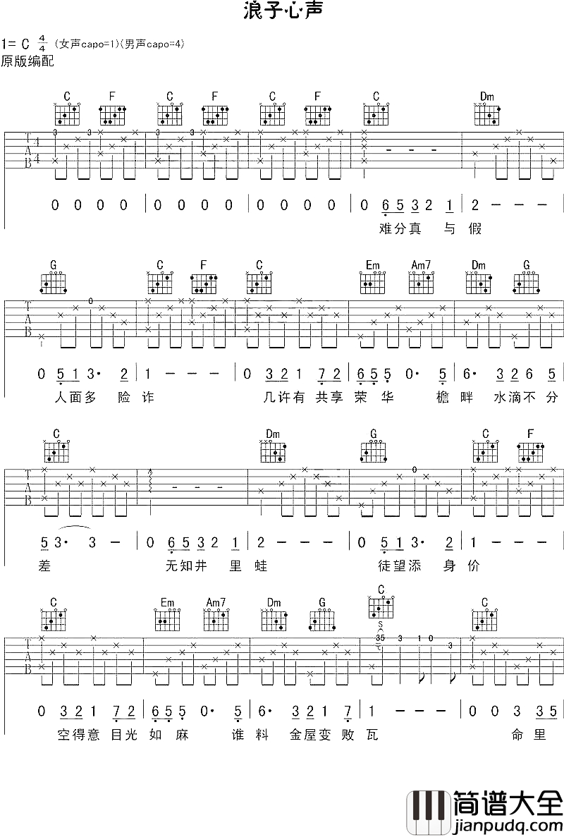 浪子心声吉他谱_许冠杰_做一个风中流浪的人，行善积德最乐也