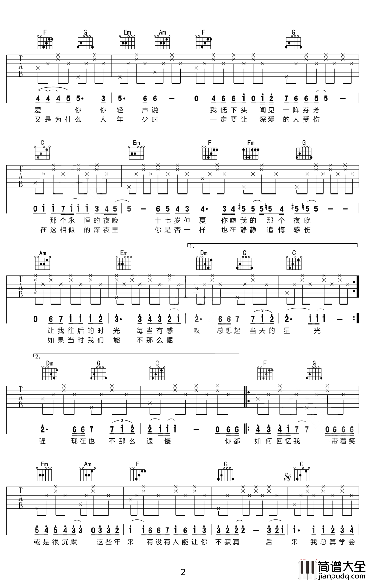 后来吉他谱_刘若英_后来在那时光里有一个男孩，爱着那个女孩