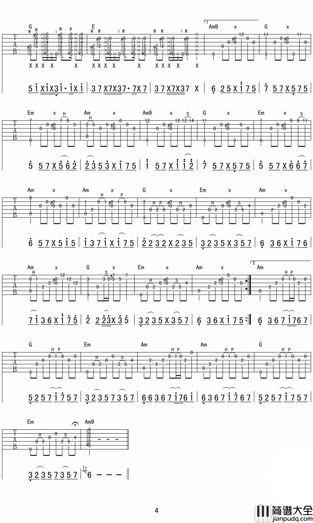 无题吉他谱_陈亮_原版指弹六线谱