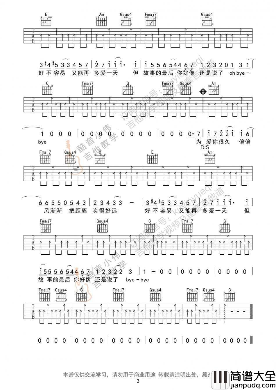 晴天吉他谱_C调简单版_周杰伦_吉他初级弹唱谱