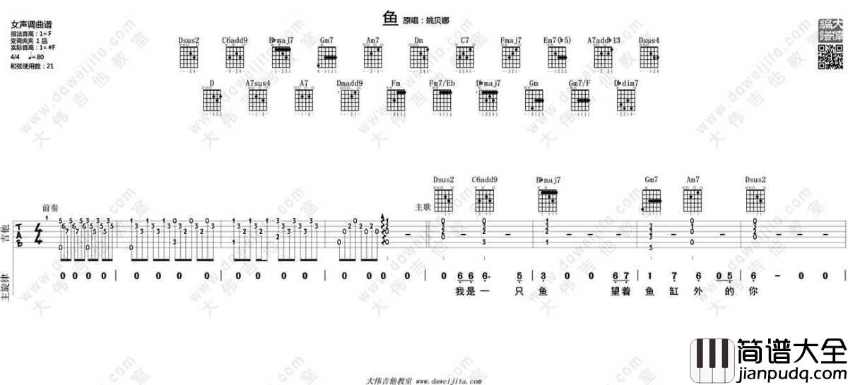 鱼吉他谱_姚贝娜_鱼_吉他弹唱教学讲解