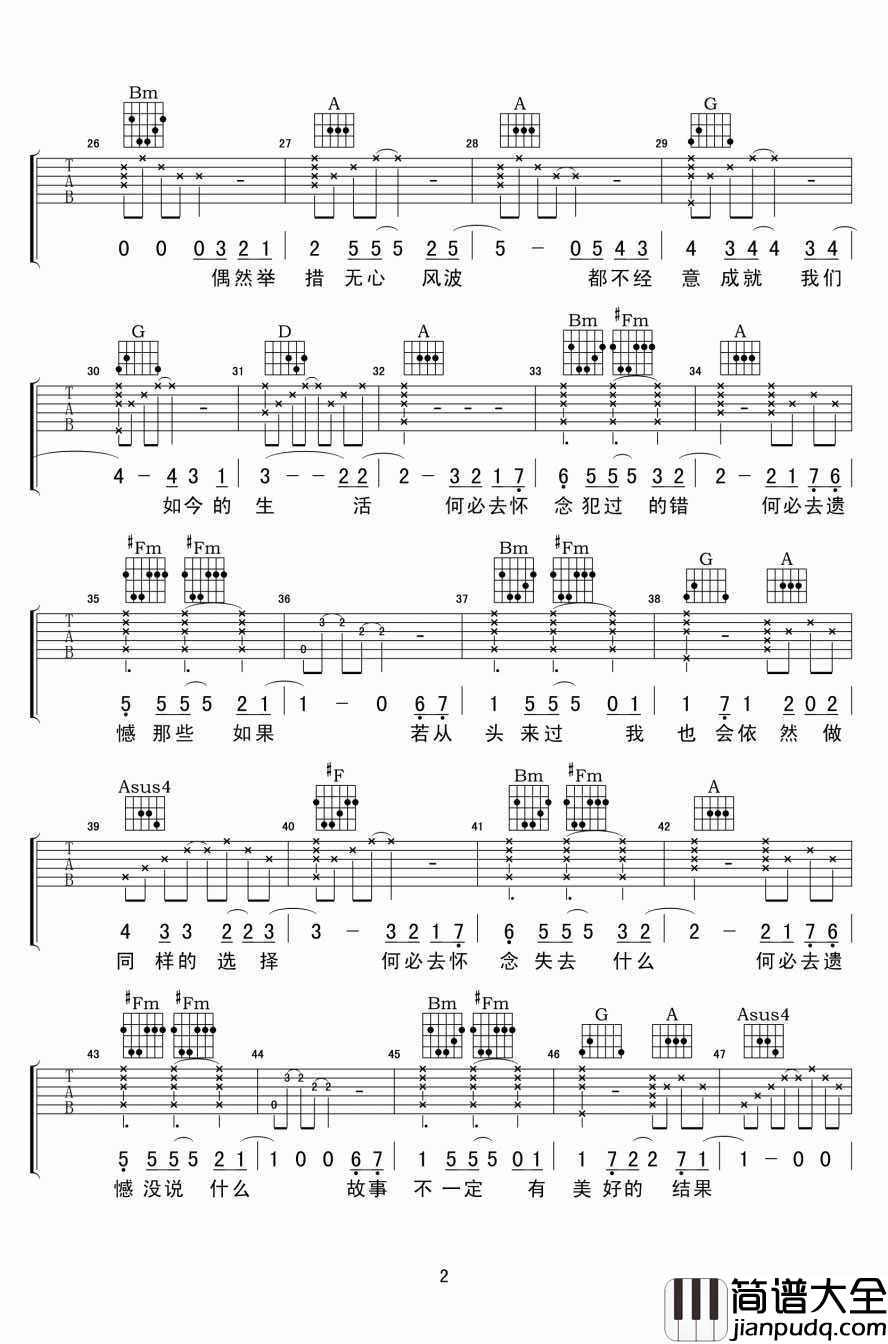 何必怀念吉他谱_D调指法_牛奶咖啡_何必怀念_六线谱高清版