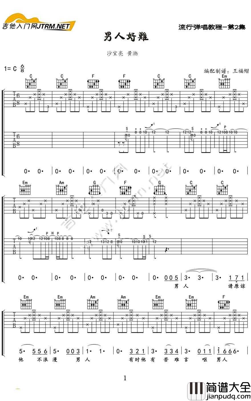 男人好难吉他谱_沙宝亮黄渤_弹唱六线谱