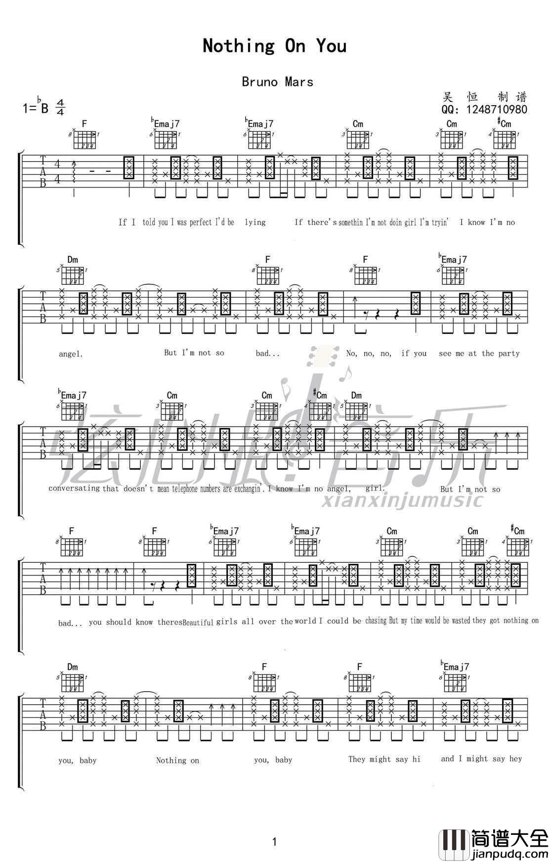 nothing_on_you吉他谱_Bruno_Mars_吉他弹唱六线谱