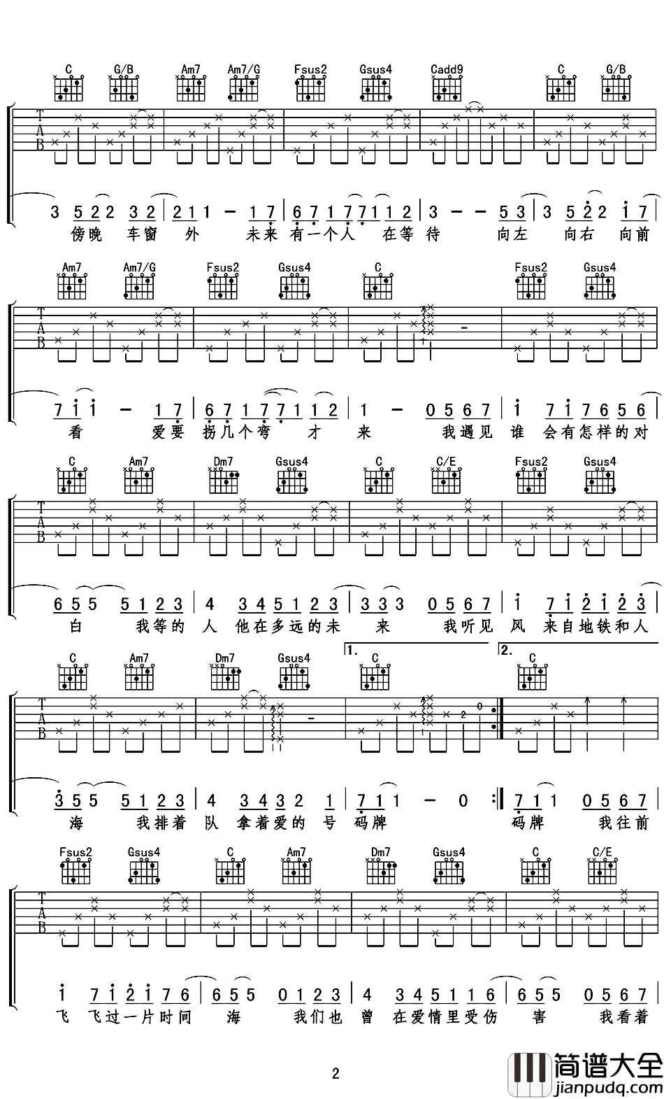 遇见吉他谱_C调完美版_孙燕姿_遇见_六线谱