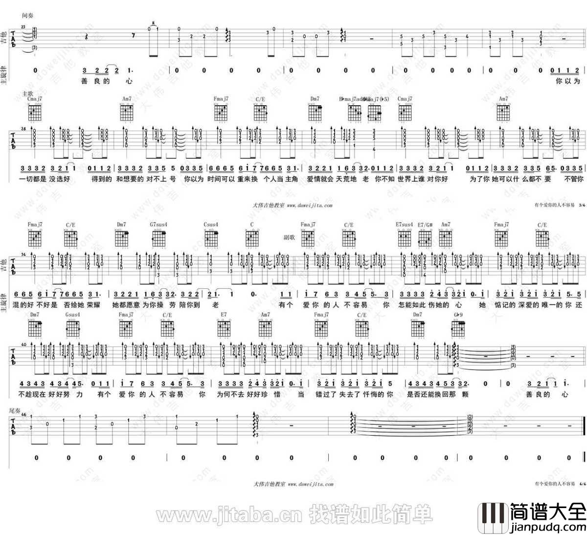 有个爱你的人不容易吉他谱C调_那英_吉他弹唱教学