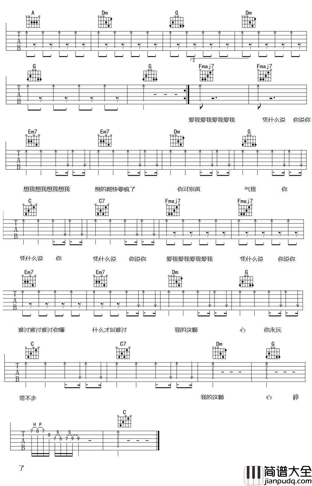 凭什么说吉他谱_C调指法_刘心_凭什么说_六线谱高清版