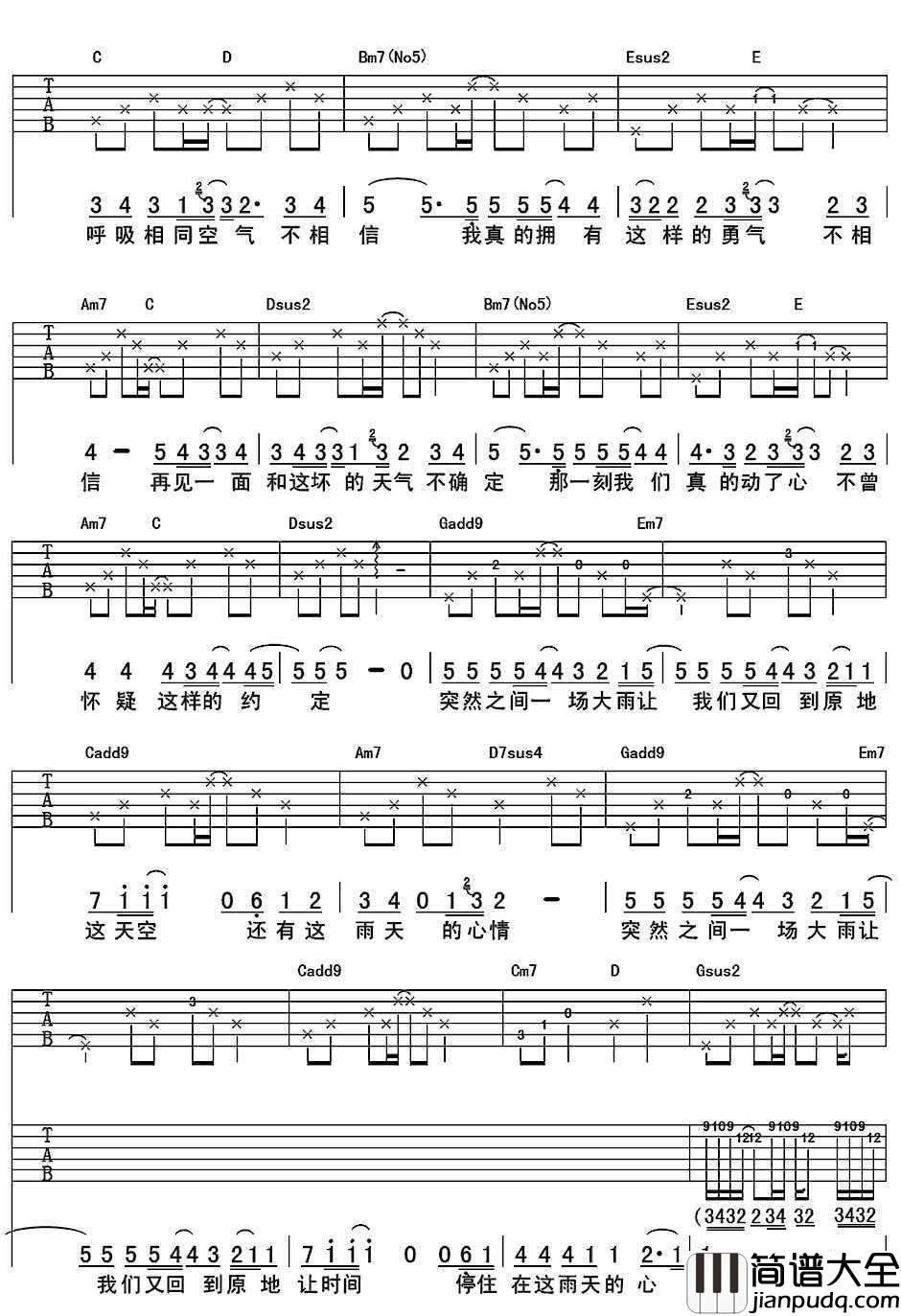 下雨吉他谱_G调指法_李宇春_吉他弹唱谱(图片)