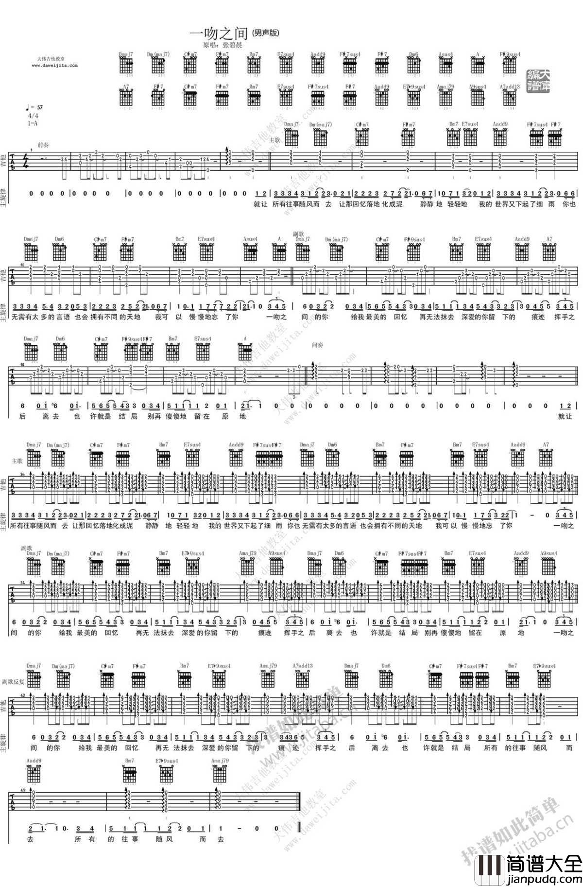 一吻之间吉他谱(男生版)_张碧晨_吉他弹唱教学