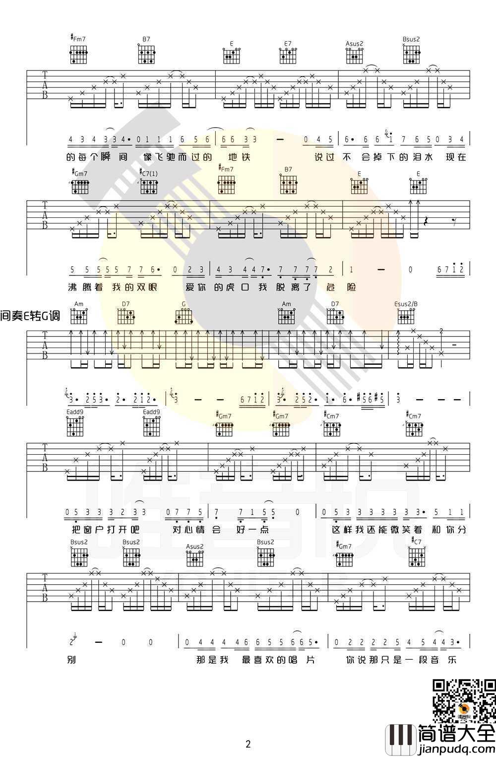 虎口脱险吉他谱_E调完美原版吉他谱_张磊好声音弹唱谱