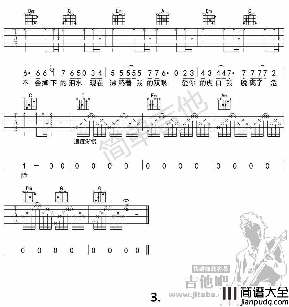 虎口脱险吉他谱C调简单版_张磊_中国好声音歌曲