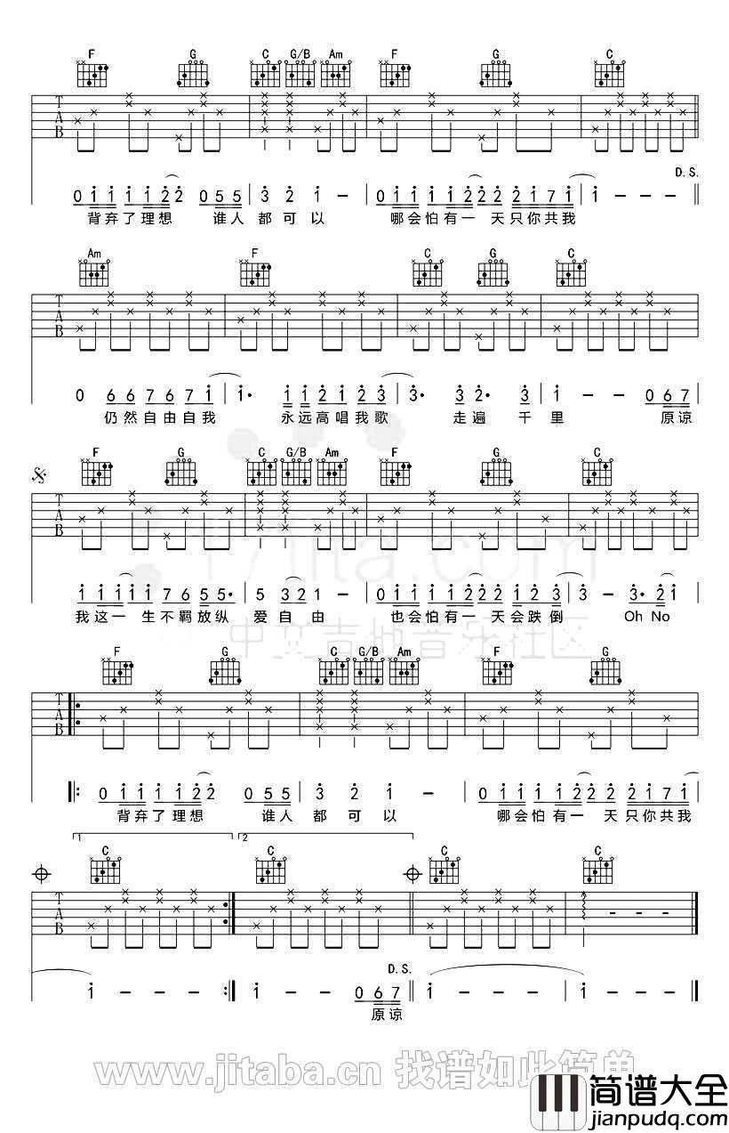 海阔天空吉他谱_C调简单版_Beyond黄家驹歌曲谱