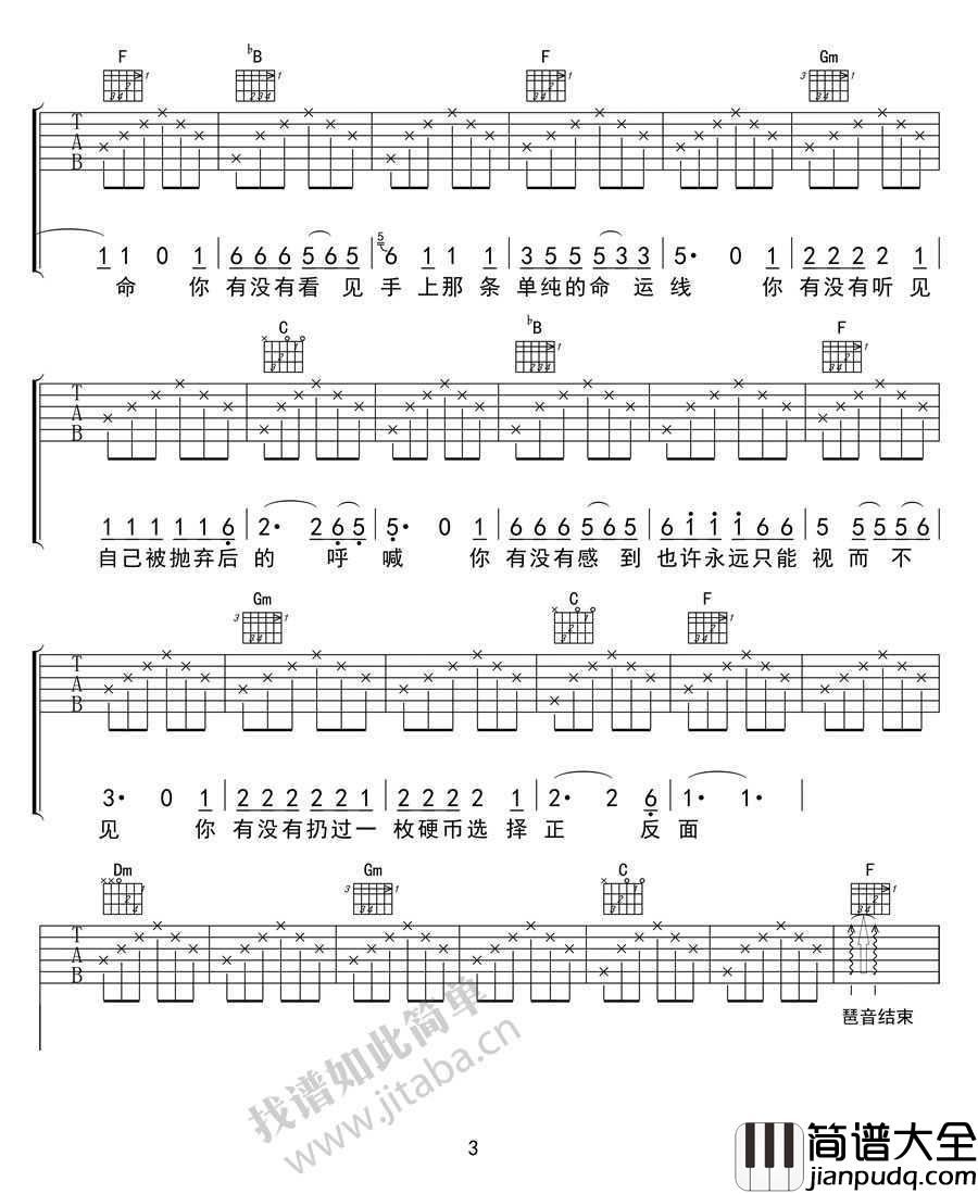 硬币吉他谱_F调指法_汪峰_高清图片谱