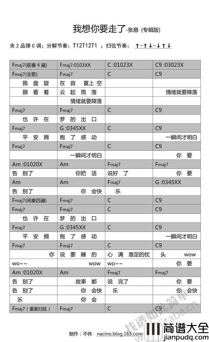我想你要走了吉他谱_C调指法_张悬_两个版本弹唱谱