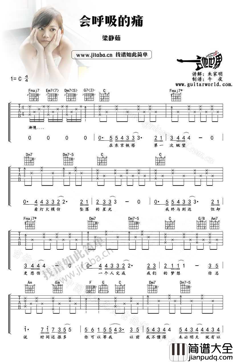 会呼吸的痛吉他谱_C调简单版__梁静茹