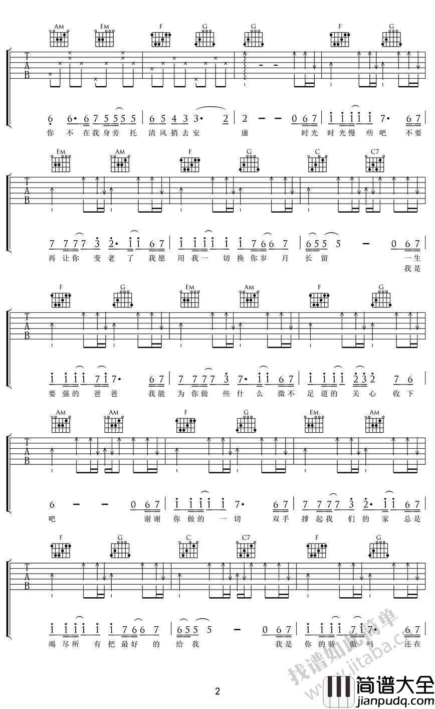 父亲吉他谱_C调_筷子兄弟_父亲吉他弹唱六线谱